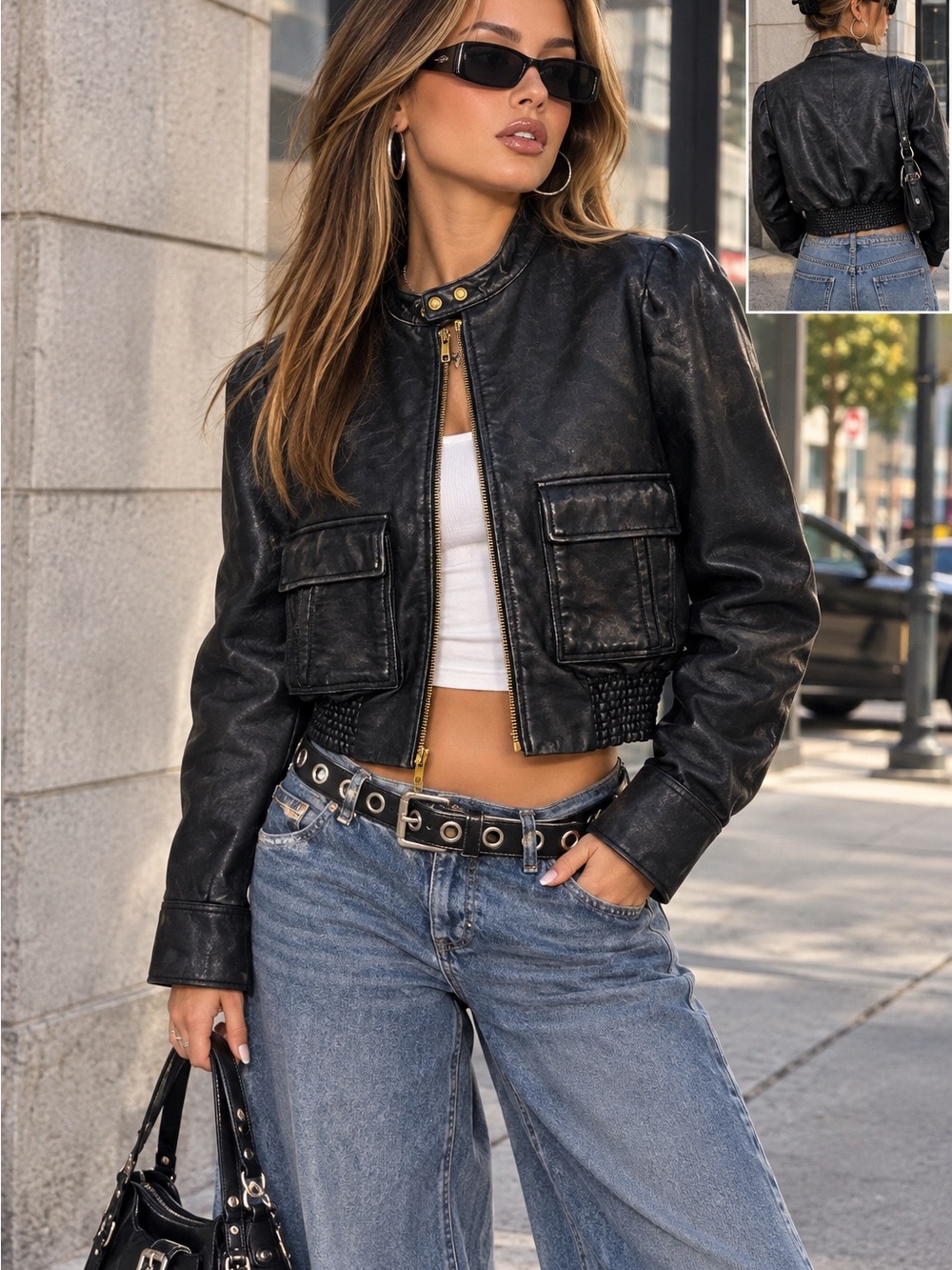 Victoria Secret Moda International Black Cropped genuine Leather Jacket